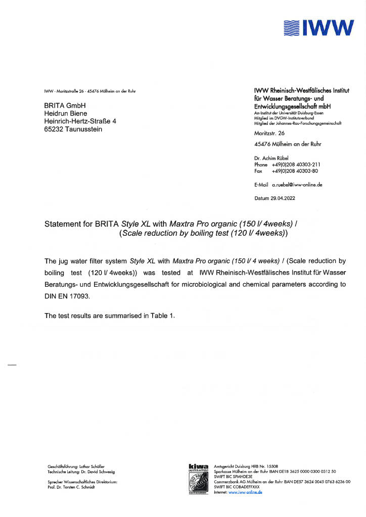 Test report from IWW for BRITA Style XL and MAXTRA PRO filtration 
