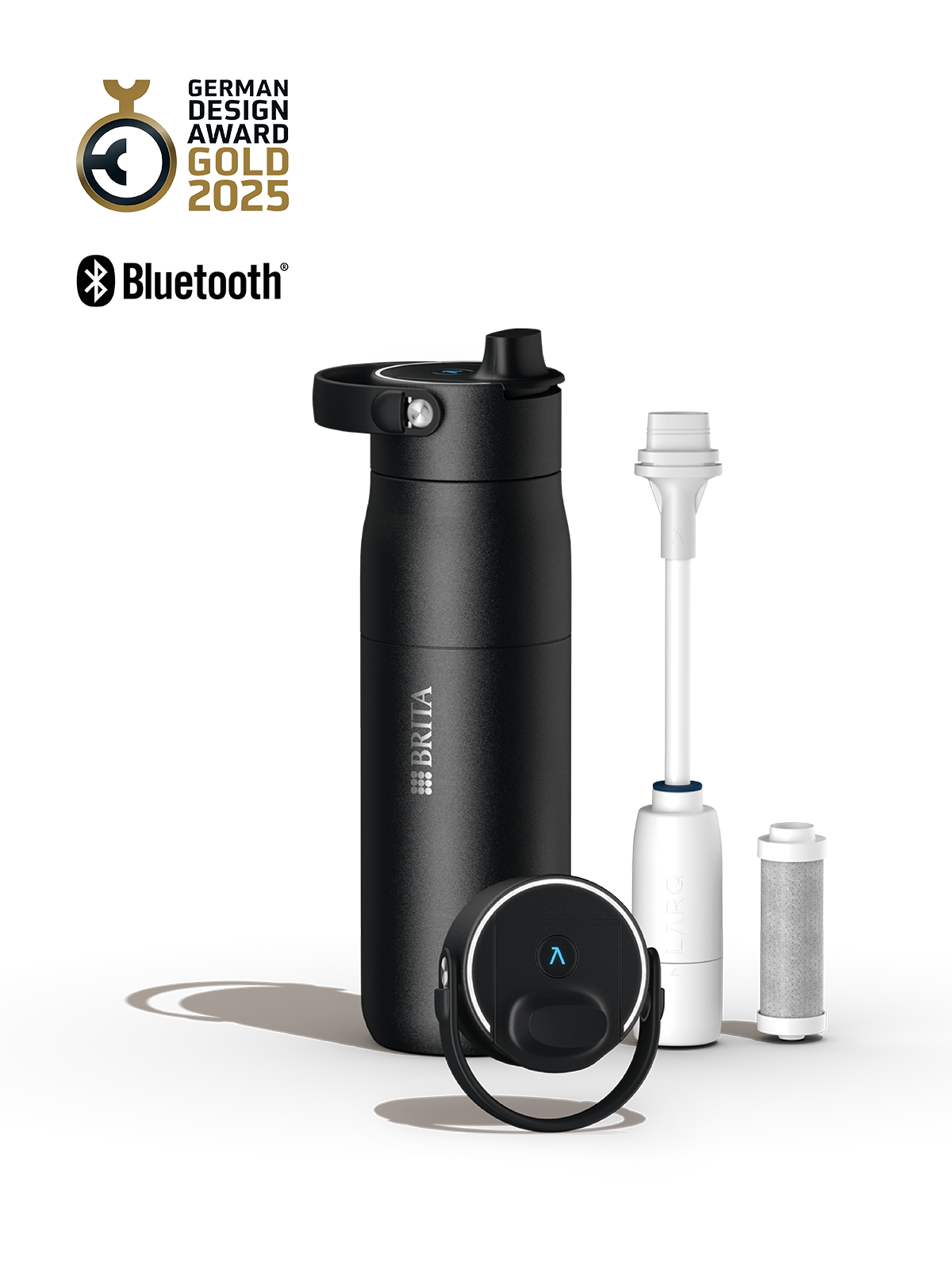 BRITA LARQ Bottle iQ in black with smart cap, filter components and award and Bluetooth icons
