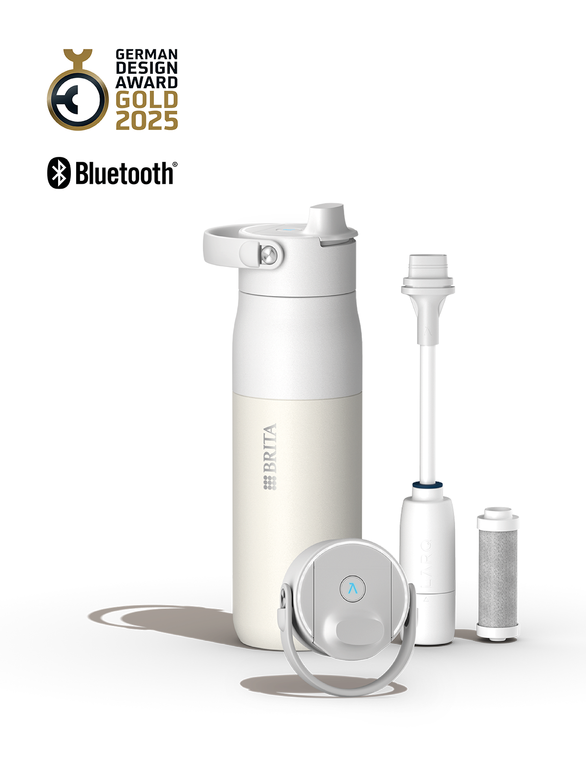 BRITA LARQ Bottle iQ in white with smart cap, filter components and award and Bluetooth icons