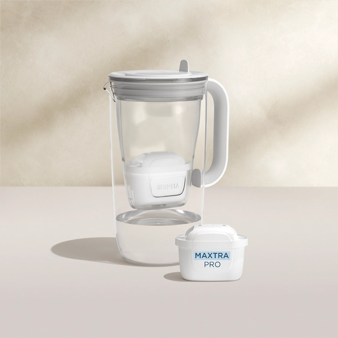 De l'eau filtre Carafe en verre en gris sur fond beige