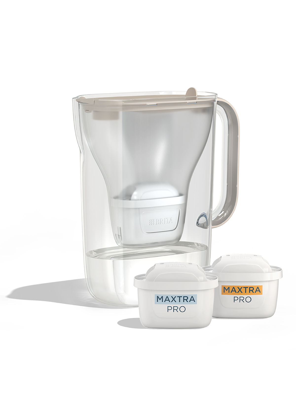 BRITA Style Essential in sand with two MAXTRA PRO filter cartridges.