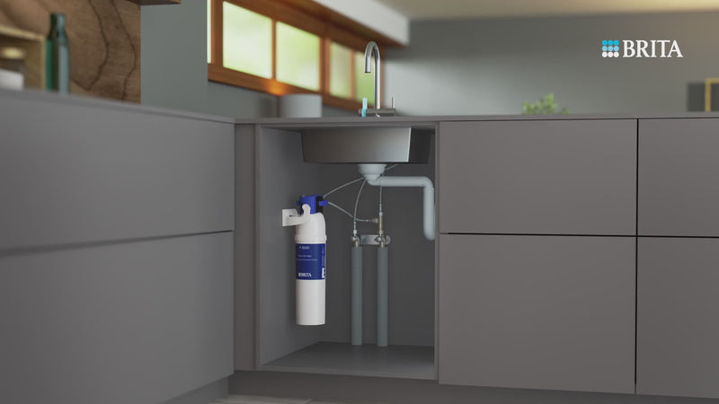 Under-sink water filter cartridge shown from different views