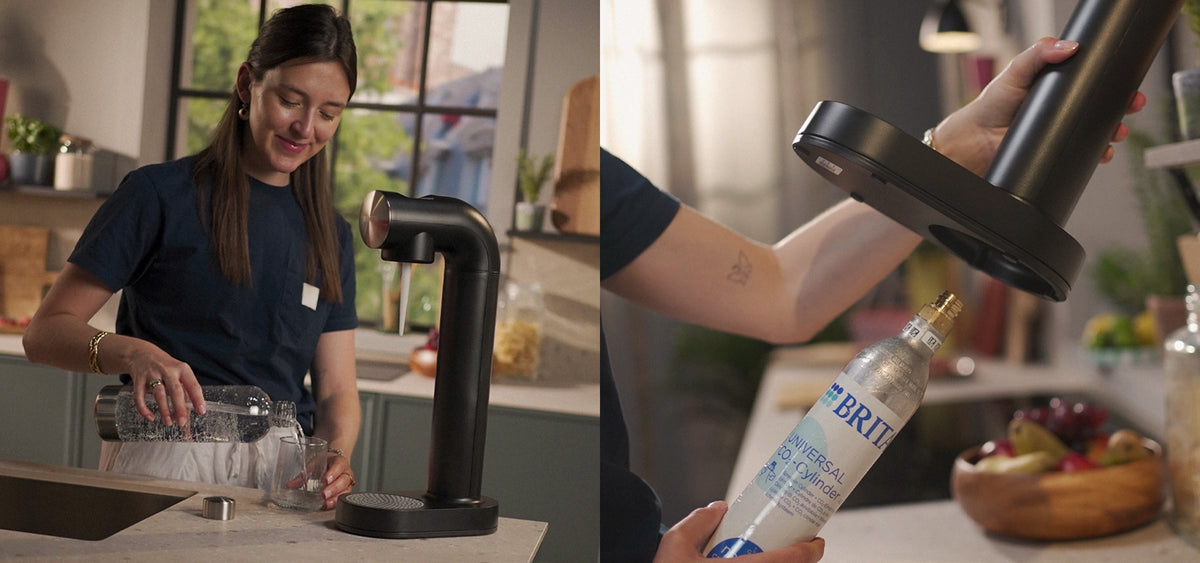 Two images: woman pouring sparkling water and inserting co2-cylinder into black BRITA sodaONE water sparkler